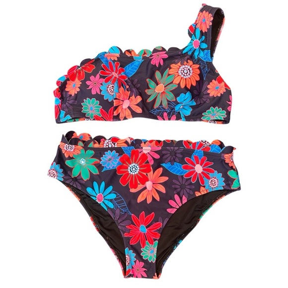 CUPSHE Two Piece Floral Bikini Set One Shoulder Scalloped Wide Strap Back Hook - Picture 5 of 10